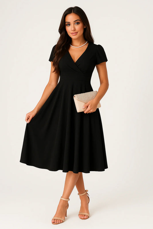 Robe Midi Élégante Plissée Pour Femme – Robe Cintrée À Col V Et Manches Courtes